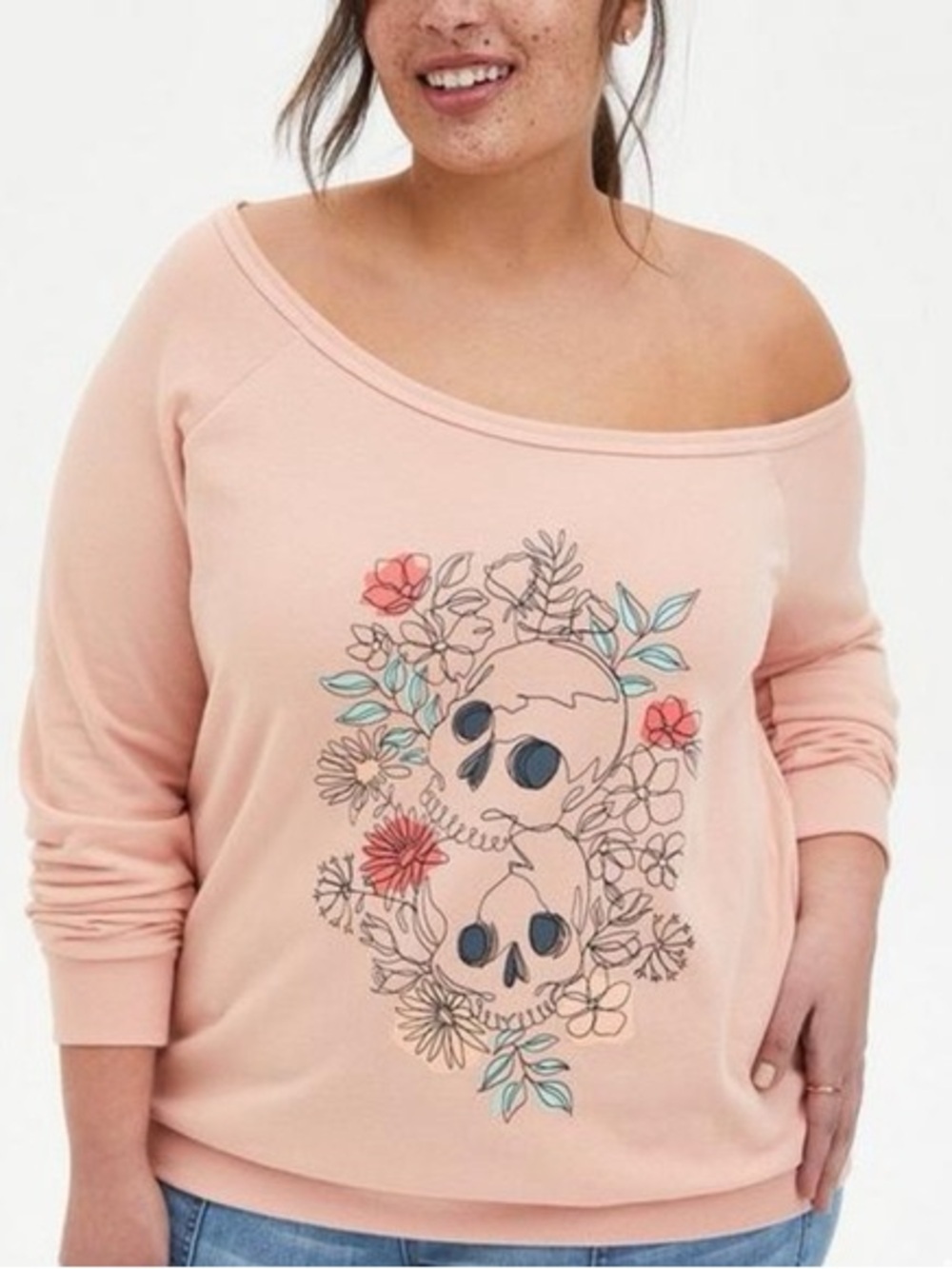 Torrid Peach Off-Shoulder Sweater with Floral Skull Graphic Sz 00